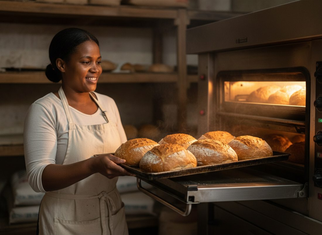 Padeira a tirar pão do forno